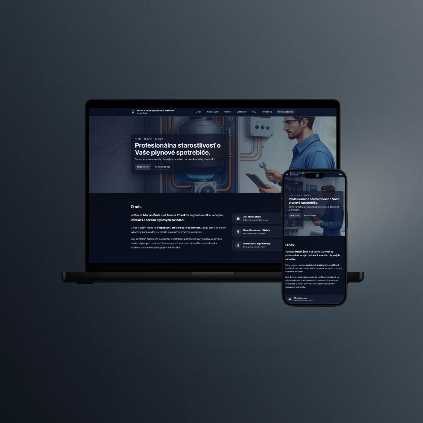 ServisKotlovBB.sk homepage shown on laptop and phone, with services, pricing, certificates, FAQ and contact sections